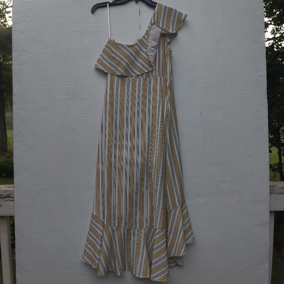 Lulus Midi Dress High Tide One Shoulder Yellow White Striped Women's Size Small - Picture 4 of 9